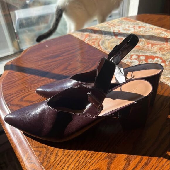 This is a pair of burgundy pointed-toe chunky-heel women's shoes. - Picture 3 of 3